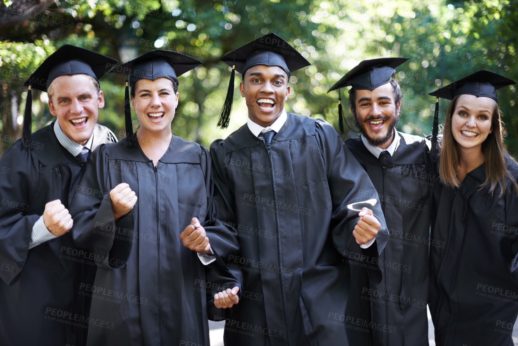 Buy stock photo Happy, students and portrait at graduation with celebration, friends and graduate group outdoor with a smile. Diploma, certificate and education event on campus with diversity and college degree 