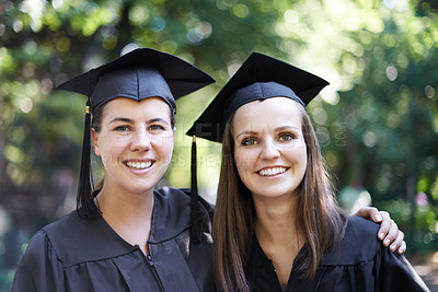 Buy stock photo Students, portrait and graduation with women outdoor at university, college and achievement ceremony. Education, campus and class at certificate, degree and school event with a smile from diploma  