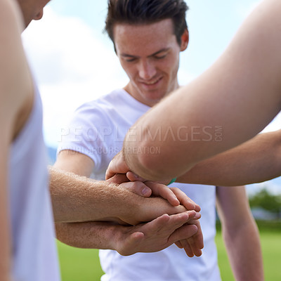 Buy stock photo Men, group and hands in stack for sport on field with motivation, support and challenge with fitness. People, team building and circle with solidarity for contest, competition and workout in game