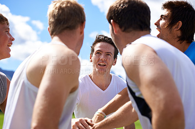 Buy stock photo Men, group and huddle for sport on field with motivation, support and cheer for challenge with fitness. People, team building and circle with solidarity for contest, competition or workout in game