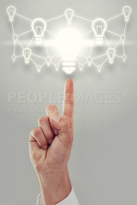 Buy stock photo Hand, light bulb and digital transformation for business growth and development on grey background. Person with networking ideas, corporate innovation and knowledge with enlightenment and inspiration