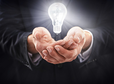 Buy stock photo Hands, light bulb glow and idea for business growth, development and professional problem solving. Person with insights, corporate innovation and knowledge with enlightenment and inspiration