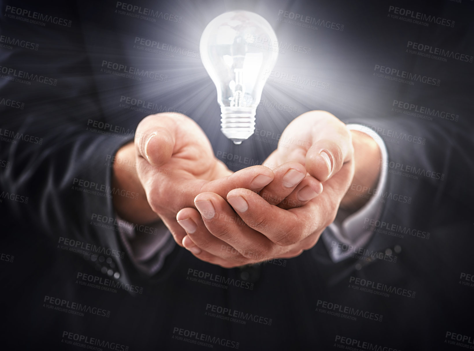 Buy stock photo Hands, light bulb glow and idea for business growth, development and professional problem solving. Person with insights, corporate innovation and knowledge with enlightenment and inspiration