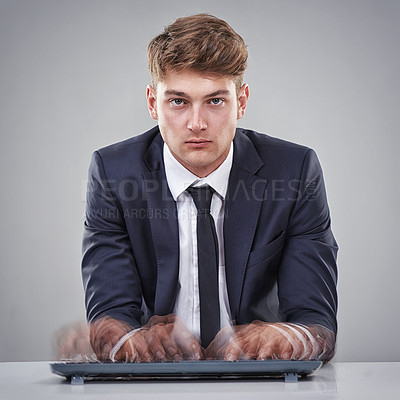 Buy stock photo Portrait, hand or businessman for busy, stress or overworked by typing, quick or keyboard in studio. Man, mental health or burnout in corporate, business and fast for office work on grey background