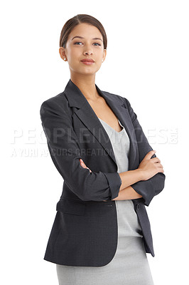 Buy stock photo Business woman, portrait and office clerk with confidence and corporate fashion in studio. Career, employee and female startup professional with white background in clothes for job with arms crossed