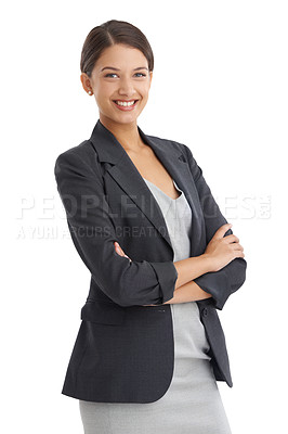 Buy stock photo Business, woman and arms crossed in studio for confidence and happy with human resources career. Young professional worker, employee or model in portrait with smile for job on a white background
