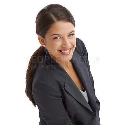 Buy stock photo Portrait, smile and suit with business woman in studio isolated on white background for corporate career. Face, administration or human resources with young employee happy as working professional