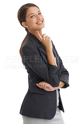 Buy stock photo Businesswoman, smile and portrait with confidence, studio and isolated on white background. Happy, female financial advisor and professional with stylish, trendy and fashionable or formal outfit