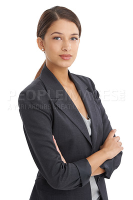 Buy stock photo Business woman, portrait and office clerk with confidence and corporate fashion in studio. Career, employee and female startup professional with white background and arms crossed in job clothes