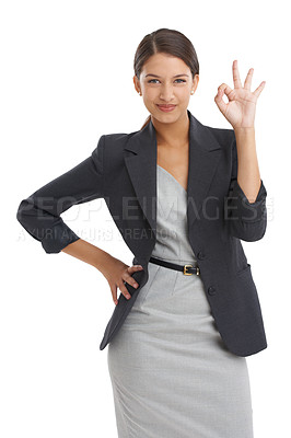 Buy stock photo Perfect, okay and business woman in studio for thank you, support or like on a white background. Portrait of professional worker in human resources with great, yes and hand for success or excellence