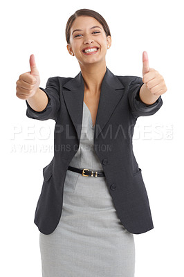 Buy stock photo Business woman, yes and thumbs up in studio for achievement, support and like emoji or success. Portrait of professional employee or lawyer with good job, okay or feedback on a white background