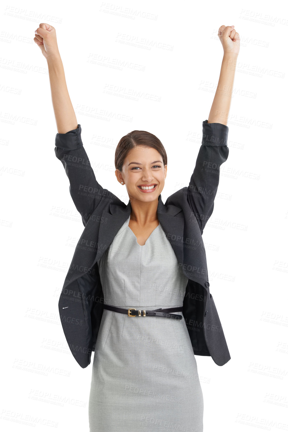 Buy stock photo Professional, woman and arms up in studio for success, winning and achievement with yes and celebration. Portrait of an excited worker, accountant or winner with business goals on a white background