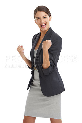 Buy stock photo Business, woman and yes in studio for success, winning and achievement with wow, fist and celebration. Portrait of an excited worker or winner with goals for human resources on a white background