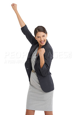 Buy stock photo Business, woman and fist in studio for success, winning and achievement with power, yes and celebration. Portrait of an excited worker or winner with goals for human resources on a white background