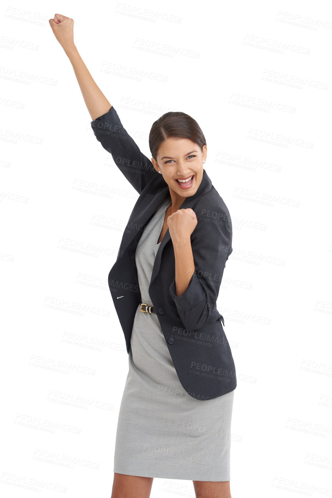 Buy stock photo Business, woman and fist in studio for success, winning and achievement with power, yes and celebration. Portrait of an excited worker or winner with goals for human resources on a white background