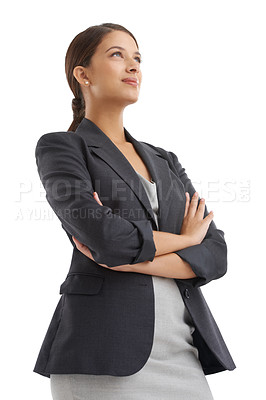 Buy stock photo Business, woman and thinking with arms crossed in studio for ideas in human resources career or job vision. Young person, worker or professional with confidence and solution on a white background