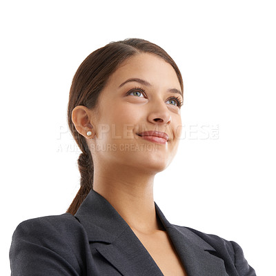 Buy stock photo Thinking, ideas and business woman in studio with vision for human resources career, job and project. Young person, worker or professional employee with a smile for inspiration on a white background
