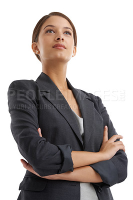 Buy stock photo Business woman, thinking and office administrator with confidence and corporate planning in studio. Career, employee and female startup professional ready for working vision with white background