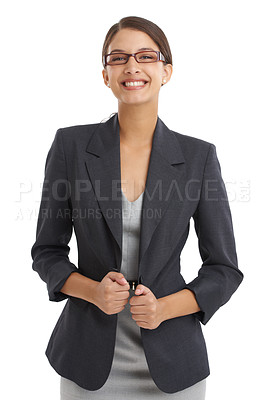 Buy stock photo Portrait, smile and glasses with business woman in studio isolated on white background for career. Job, profession or work and happy young administration employee in corporate suit for style