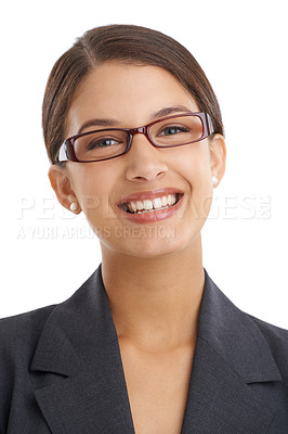 Buy stock photo Happy woman, glasses and professional vision with eye care, wellness and optometry for investigative journalist. Prescription lens, frame and portrait with headshot of reporter on white background