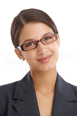 Buy stock photo Business woman, glasses and professional vision with eye care, wellness and optometry for investigative journalist. Prescription lens, frame and portrait with headshot of reporter on white background