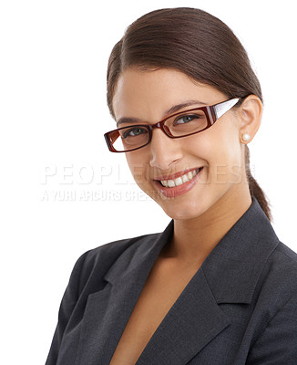 Buy stock photo Woman, smile in portrait and glasses with business vision for eye care, investigative journalist and optometry. Prescription lens, frame and headshot of professional reporter on white background