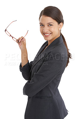 Buy stock photo Business woman, portrait and smile of office manager with confidence and corporate fashion in studio. Career, employee and female startup professional with white background and glasses in job clothes