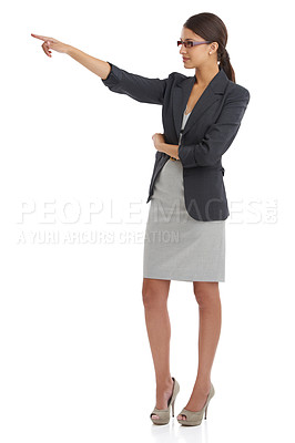 Buy stock photo Direction, showing and pointing with business woman in studio isolated on white background for career. Corporate, future or vision and hand gesture of young professional employee in suit for planning