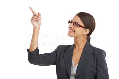 Buy stock photo Face, smile and pointing with business woman in studio isolated on white background for planning. Future, vision and glasses with hand gesture of happy young employee in suit for corporate career