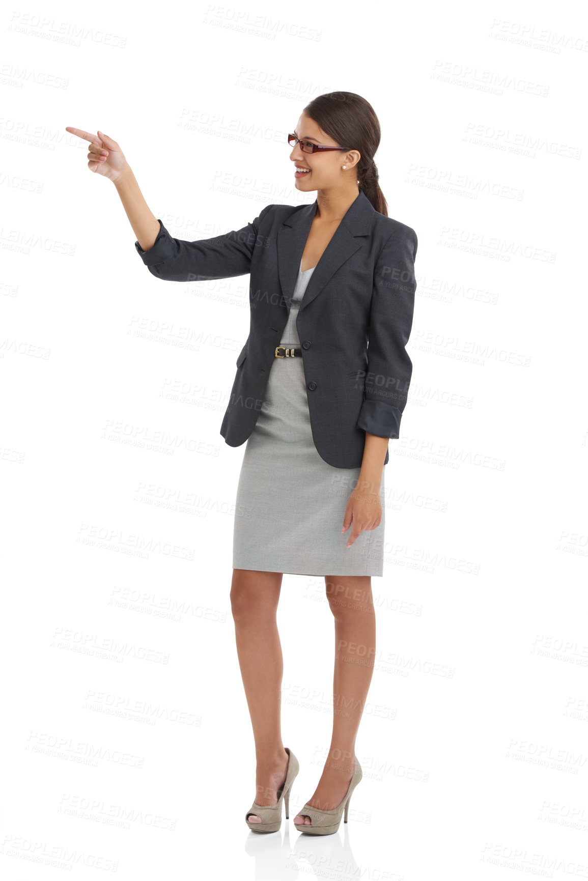 Buy stock photo Portrait, business woman and point at presentation with information about us, communication and corporate training. Advertising, coaching and announcement with professional news or opportunity