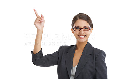 Buy stock photo Portrait, smile and pointing with business woman in studio isolated on white background for promo. Face, advertising or information with happy young person showing mockup or space for announcement
