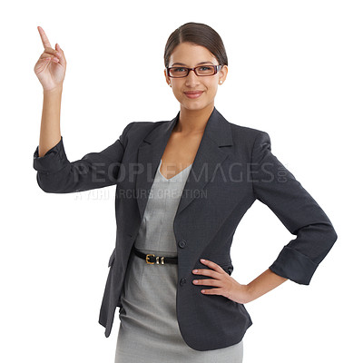 Buy stock photo Portrait, business woman is pointing and presentation with information about us, communication and corporate training. Advertising, coaching and announcement with professional news or opportunity