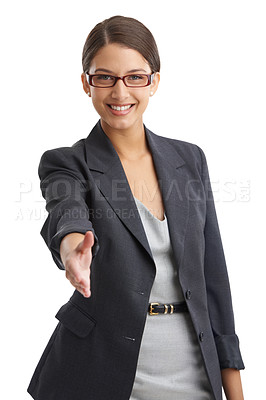 Buy stock photo Business woman, shaking hands and partnership offer in portrait, welcome or introduction for hiring on white background. Corporate recruitment, meeting and handshake for collaboration with thank you