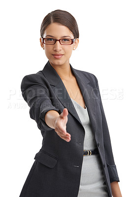 Buy stock photo Woman, shaking hands and partnership with business offer in portrait, welcome or intro for hiring on white background. Corporate recruitment, meeting and handshake for collaboration with thank you