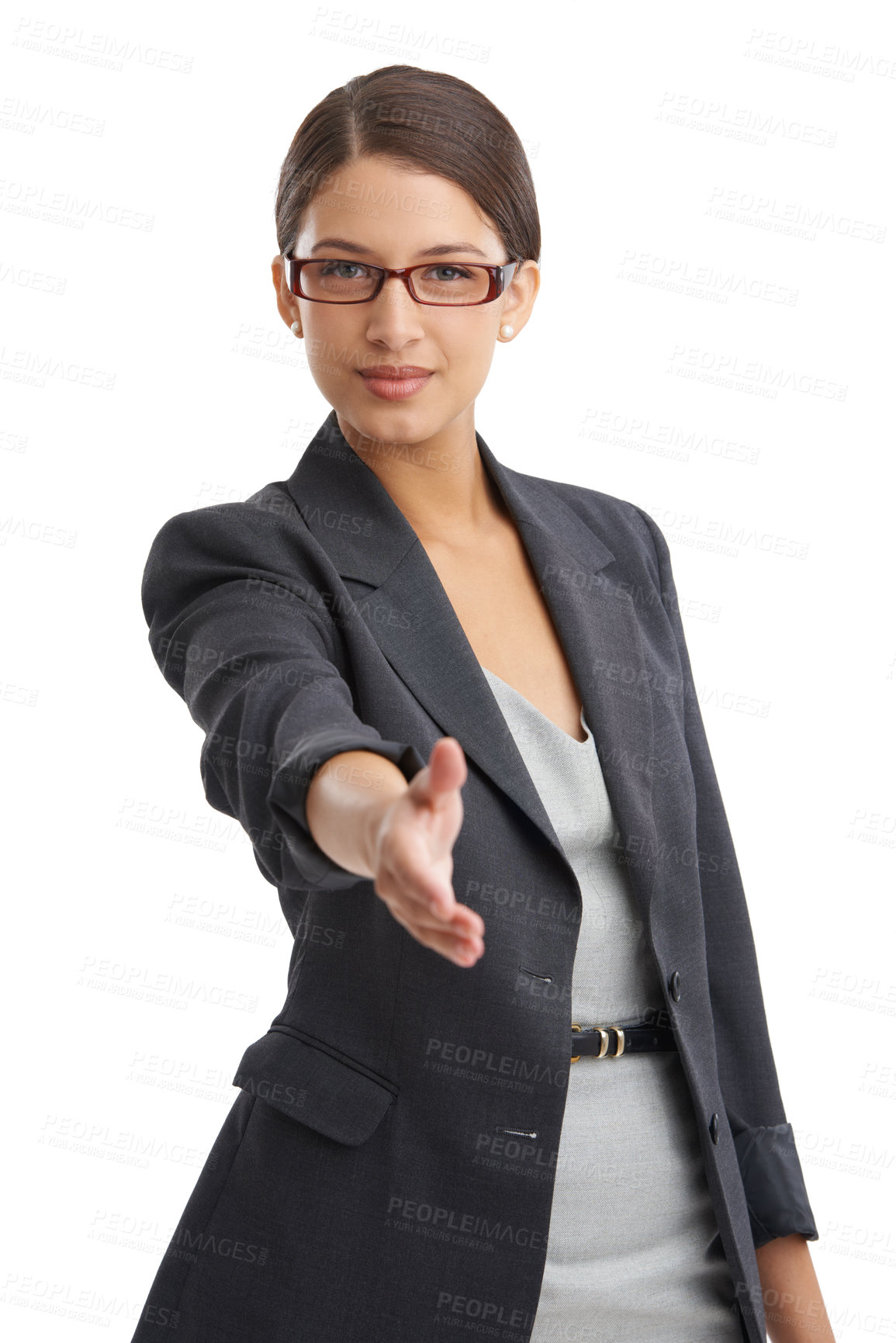 Buy stock photo Woman, shaking hands and partnership with business offer in portrait, welcome or intro for hiring on white background. Corporate recruitment, meeting and handshake for collaboration with thank you