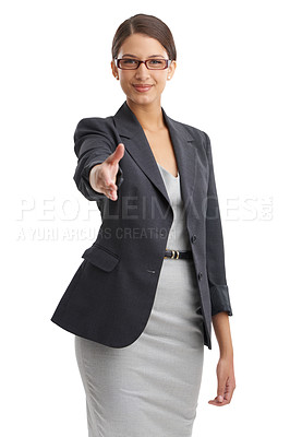 Buy stock photo Business woman, handshake and partnership offer in portrait, welcome or introduction for hiring on white background. Corporate recruitment, meeting and shaking hands for collaboration with thank you