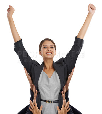 Buy stock photo Corporate woman, success in portrait and yes, praise from team with cheers and arms raised for win on white background. Excellence, pride and happy for promotion or bonus with support from group 