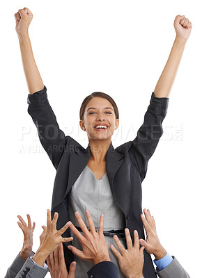 Buy stock photo Business woman, success in portrait and yes, praise from team with cheers and arms raised for win on white background. Excellence, pride and happy for promotion or bonus with support from group 