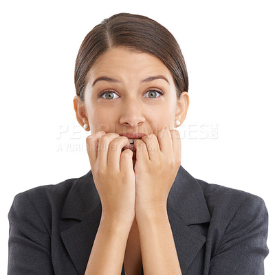 Buy stock photo Bite, nails and portrait of business woman for stress on white background for mistake, crisis or problem. Professional, corporate and face of isolated person with worry, anxiety and nervous in studio