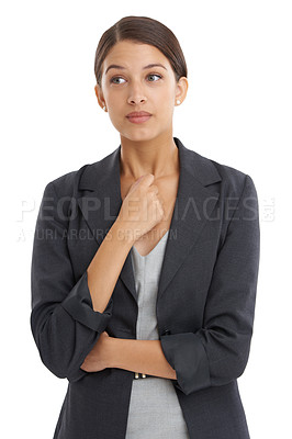 Buy stock photo Portrait, business and thinking with woman, decision and employee isolated on a white studio background. Person, consultant and entrepreneur with ideas and problem solving with solution and planning