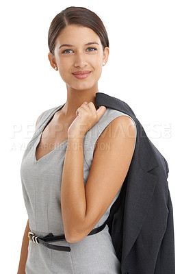 Buy stock photo Businesswoman, smile and portrait with professional style, studio and isolated on white background. Happy, female financial advisor and fashion for stylish, trendy and formal outfit for office wear 