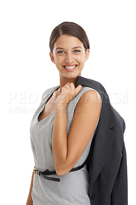 Buy stock photo Portrait, business attire and woman with jacket over her shoulder and employee isolated on white studio background. Face, person and financial consultant with confidence, worker or fashion with smile