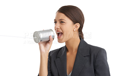 Buy stock photo Tin can telephone, business and woman speaking, employee and worker isolated on a white studio background. Person, model and entrepreneur with communications and fun with contact and professional