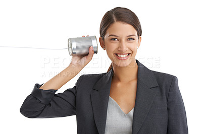 Buy stock photo Portrait, woman listen to her tin can telephone and business with employee isolated on a white studio background. Face, person and consultant with a toy or playing with fun and communication with joy