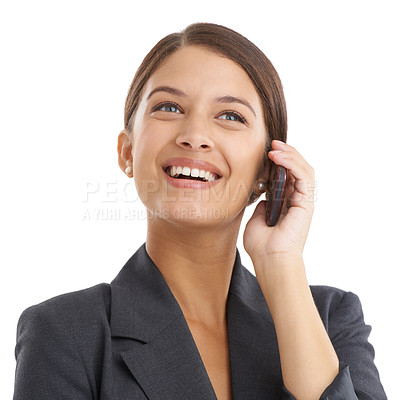 Buy stock photo Phone call, business and woman with a smile, communication and professional isolated on white studio background. Person, employee and entrepreneur with smartphone and contact with conversation or app