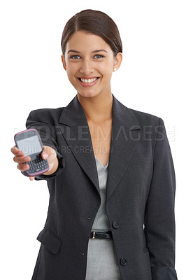 Buy stock photo Happy, business woman or portrait by cellphone screen in studio mock up or email or contact. Entrepreneur, smile face and mobile display for startup website or show and promotion by white background