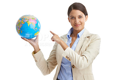 Buy stock photo Portrait, business and woman with a globe, pointing and employee isolated on white studio background. Face, person and consultant with smile or earth with teacher and geography with education or map