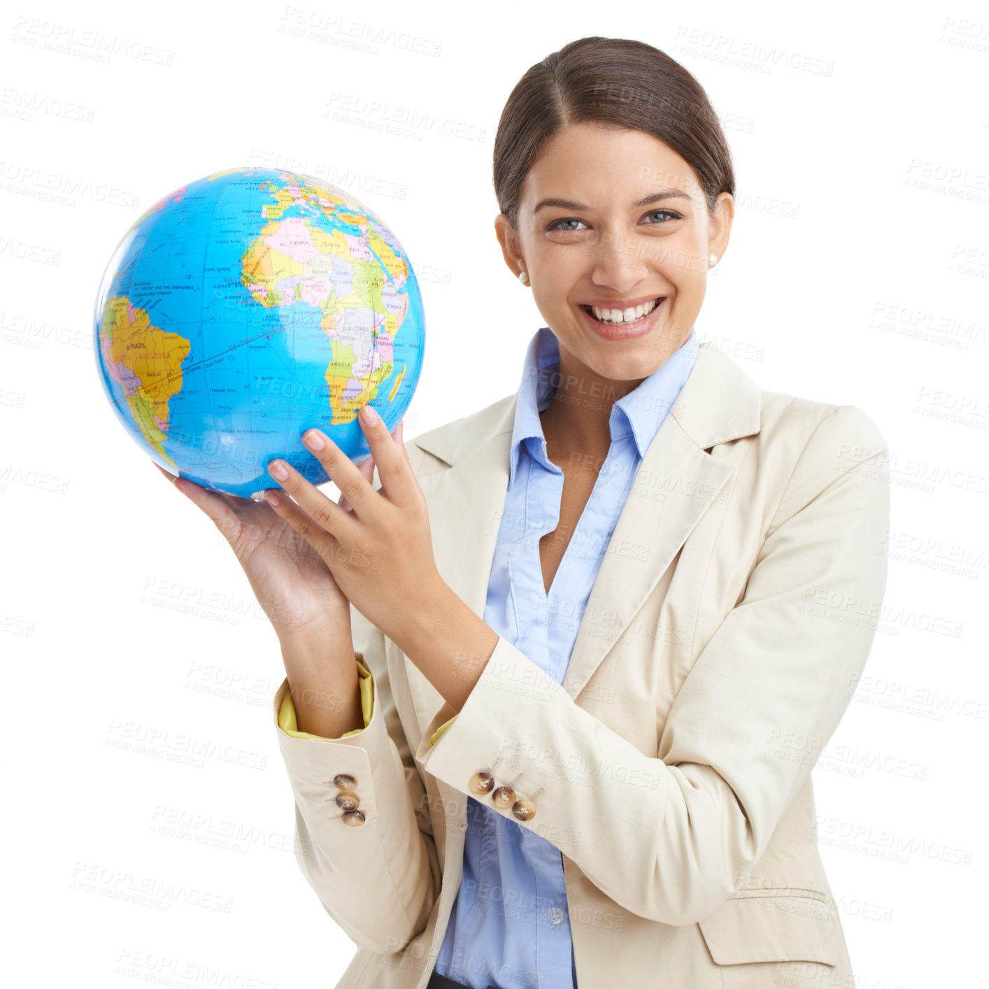 Buy stock photo Happy, business woman and portrait with globe in studio mock up and corporate professional for global networking. Young lawyer, positive and face for international trade and law by white background