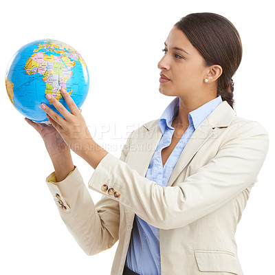Buy stock photo Globe, logistics shipping and business with woman, employee and consultant isolated on a white studio background. Person, global trade and entrepreneur with a map and earth with planning and planet