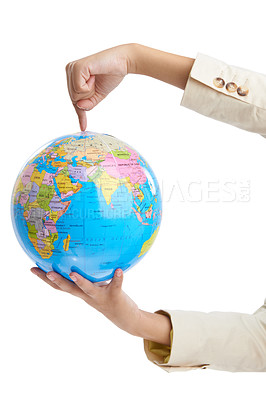 Buy stock photo Business person, hands or spinning a globe in studio mockup, trade routes or world map for global networking. Corporate professional, worldwide industry and international commerce by white background